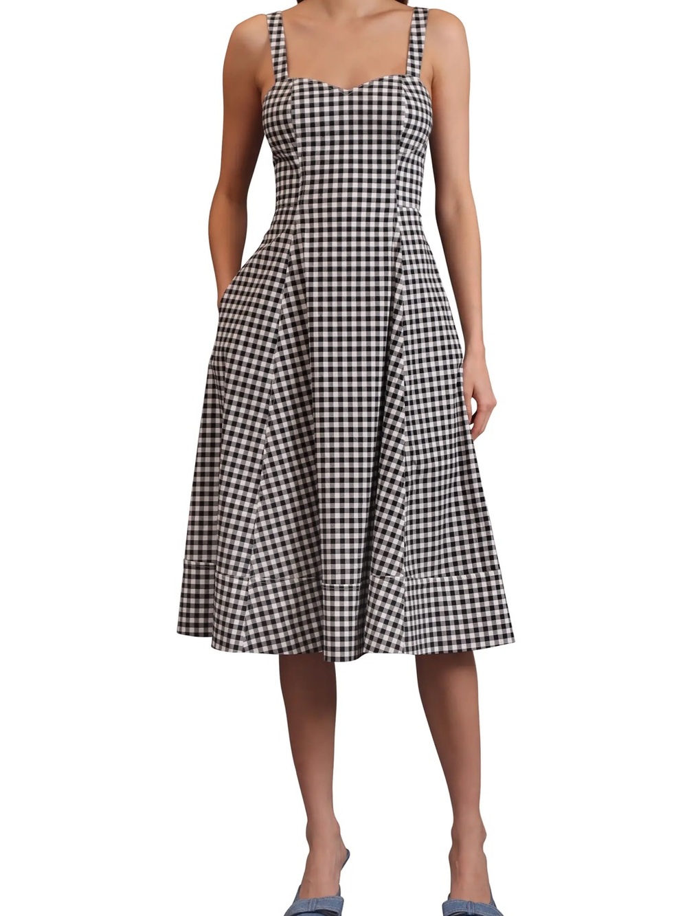 Avec Les Filles Gingham Midi Fit-and-Flare Dress in Black and White